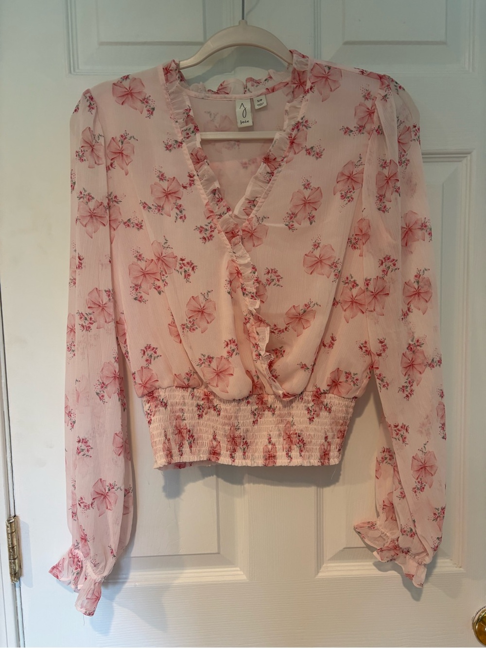 Josie Pink Bow Ruffle V-Neck Smocked Waist Blouse - S/P